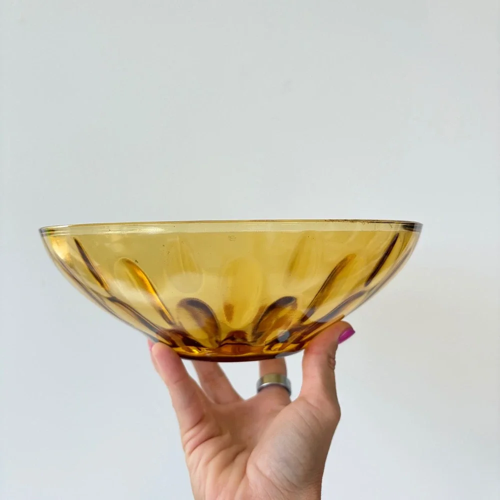 Vintage Amber Glass Thumbprint Nesting Bowl Set Mid Century Modern 2 Piece Gold